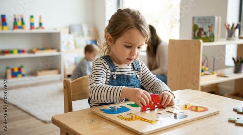 Little girl playing with a puzzle, early education scene with focus, hands-on learning and calm childhood development appeal, strong commercial value for preschool, family and cognitive skill themes,