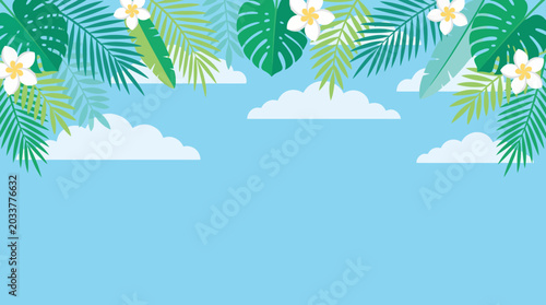Bright tropical summer background featuring palm leaves and white plumeria flowers against a clear blue sky