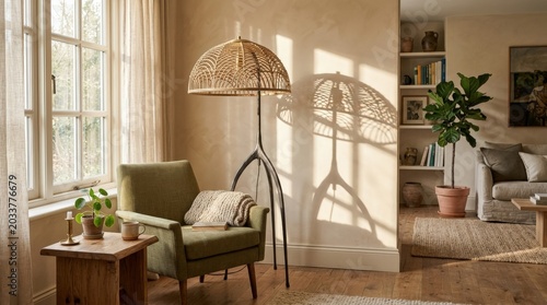 Soft sunlight casting shadows of a unique floor lamp in a cozy room, interior design and calm home lifestyle concept for decor, architecture and wellness campaigns, warm atmosphere, clean furnishings,