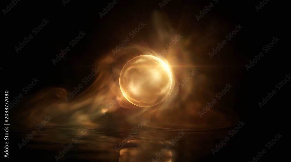 Obraz premium Glowing Golden Orb with Radiant Light Flare in Dark Cosmic Space Background