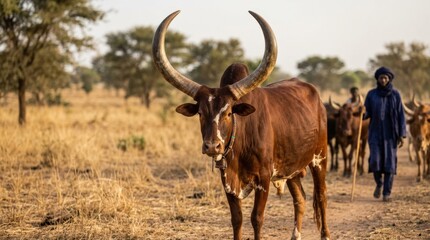 Majestic Bororo cow with giant horns in Niger, striking livestock portrait with rich cultural identity, powerful stance and detailed coat for pastoral life, African heritage and rural economy themes