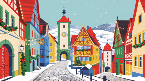 Fotografie Charming medieval European town square decorated for Christmas with colorful half-timbered houses and snow-covered cobblestone street