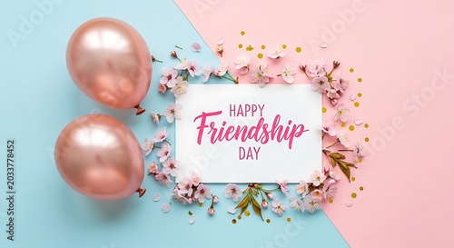 Friendship day greeting with rose gold balloons cherry blossoms and a celebratory card layout