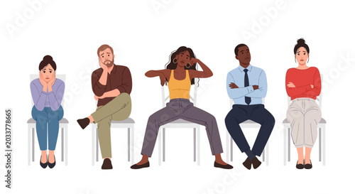 Bild auf Leinwand Diverse group of people sitting in chairs, boredom and frustration concept, offi