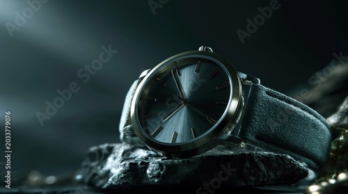 Elegant Minimalist Wristwatch Resting on a Dark Textured Rock Surface Under Moody Lighting