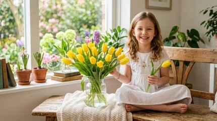 Smiling girl sitting by a yellow tulip bouquet in a bright indoor floral portrait, spring lifestyle scene with cheerful seasonal color, soft natural light and polished photoreal finish, no logos