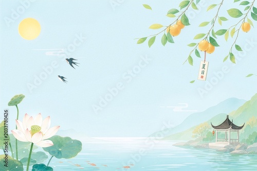Summer Lotus Pond and Pavilion Watercolor Scene