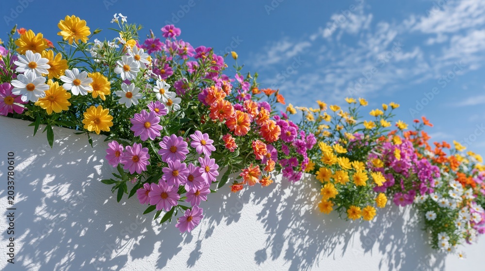 Obraz premium Colorful blooming flowers in a white planter box against a blue sky.