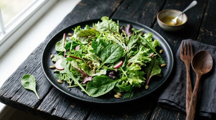 Fresh mix salad leaves on black plate over black wooden background, healthy green salad and vegetarian cuisine concept for clean eating, organic nutrition and modern food styling, vibrant leafy