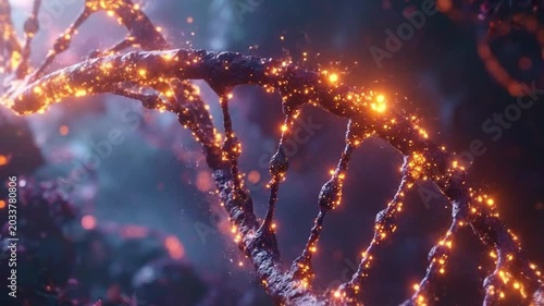 Glowing abstract DNA strand with sparkling particles in a dark background