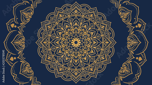 Schilderij op canvas Intricate gold mandala design on navy blue background.