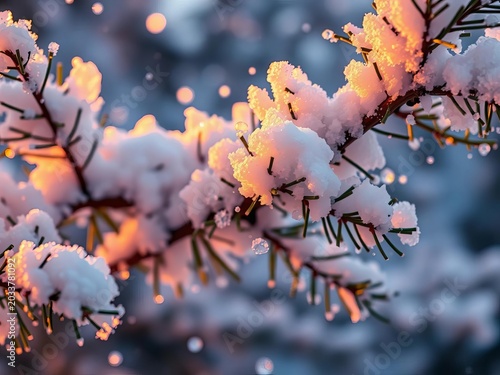 Snowflakes like diamond dust dance in the periphery of a dazzling, snow-covered pine branch, saturated with festive luminescence ,  nature,  artistic