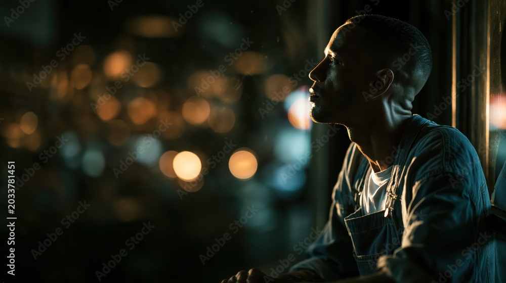 Fototapeta premium Thoughtful African American Man Looking Out of a Window at Night in Urban City Setting Portrait
