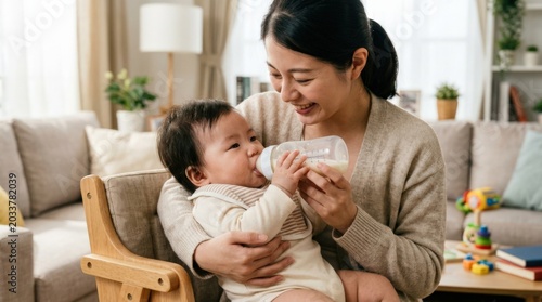 Asian baby infant drinking milk from bottle at nine months, tender childcare scene with nurturing family warmth and strong parenting, baby care and wellness appeal, soft home light, realistic skin