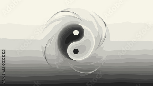 Foto Abstract monochromatic Yin and Yang symbol with swirling elements and a gradient background, representing balance and duality