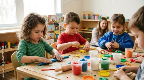 Kids playing with clay and molding shapes, learning through play with colorful materials and focused hands-on activity, strong early education and family appeal, soft indoor light, realistic texture,