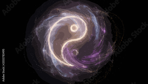Tableau sur toile A glowing, ethereal Yin and Yang symbol rendered with swirling cosmic energy and light against a dark background, representing balance and duality