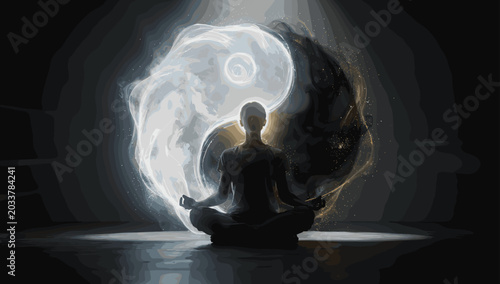 Принти на полотні A person meditating in a lotus position, silhouetted against a large, glowing Yin and Yang symbol representing balance and harmony