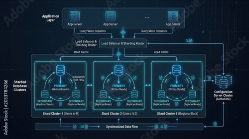 Data sharding and replication architecture diagram for enterprise database management and scalability, clean technology concept showing distributed storage, redundancy and synchronized information