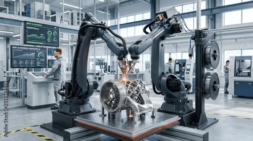 Robotic arm dimensional printing a prototype, advanced additive manufacturing and industry 4.0 technology, enterprise infrastructure concept, industrial innovation, smart operations, clean futuristic