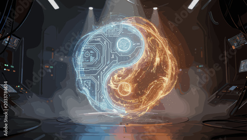 Schilderij op canvas A glowing digital and fiery Yin and Yang symbol floats in a dark, futuristic laboratory setting, representing balance and duality