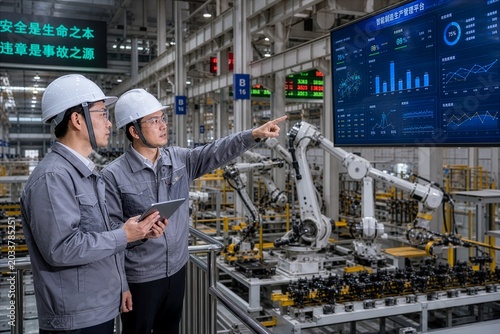 Workers Reviewing Smart Manufacturing Production Management Platform in Factory