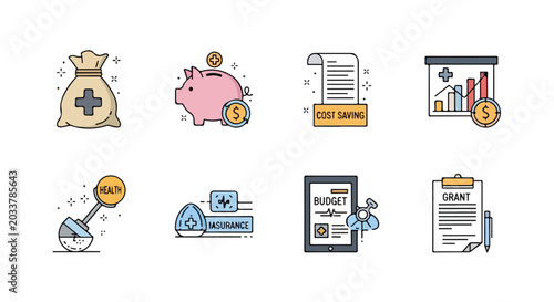Foto Healthcare finance icons set, medical cost saving and budget planning vector, he