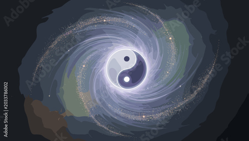 Tableau sur toile Stylized Yin and Yang symbol at the heart of a swirling cosmic galaxy vortex, representing balance and universal energy