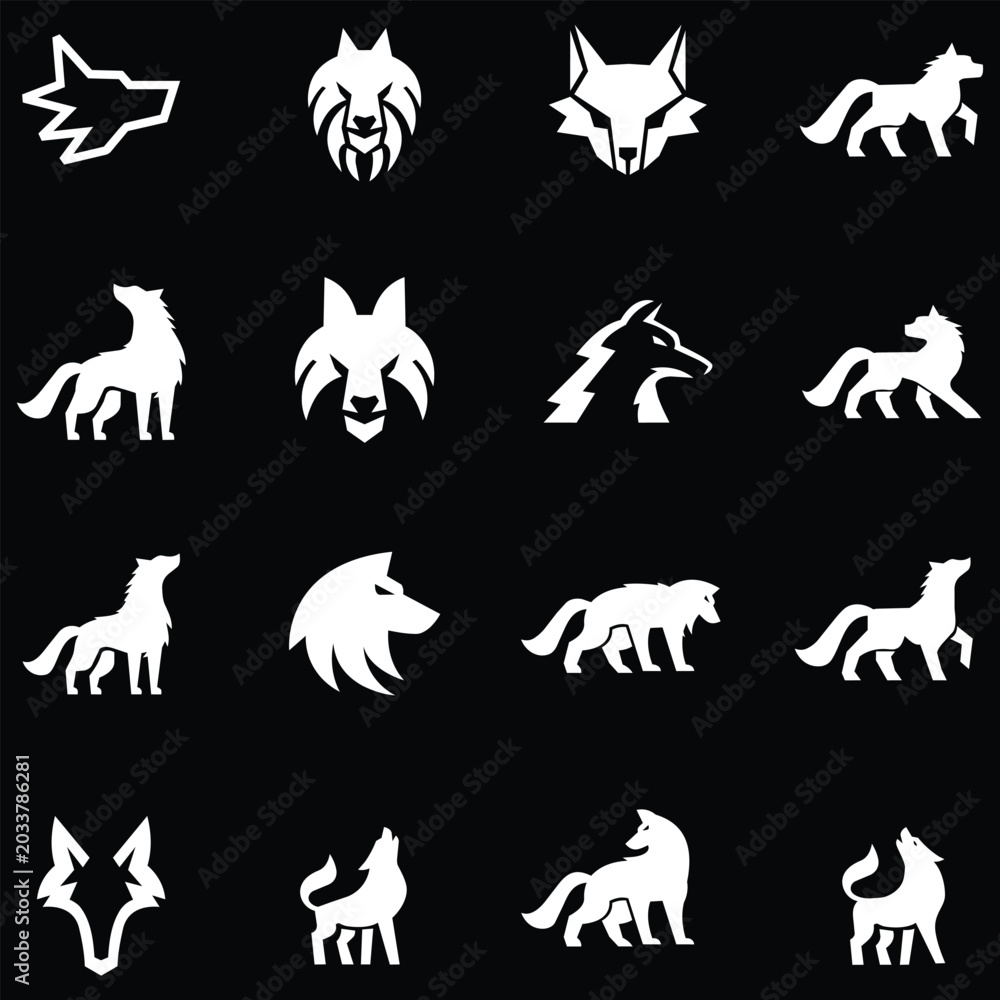 Fototapeta premium High contrast white wolf silhouette icons collection set on black background