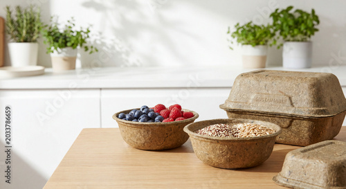 Sustainable Breakfast Bowls: A healthy and eco-friendly breakfast set with bowls made from sustainable material, filled with fresh berries and granola, and a takeaway container.