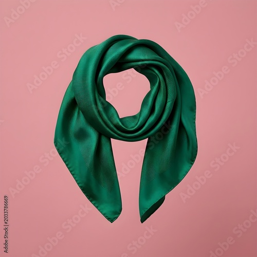 Elegant green silk scarf floating on pink background