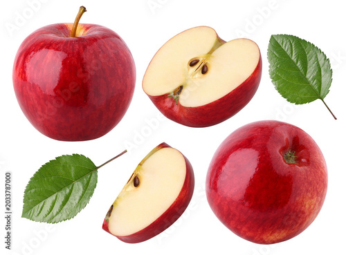 Gala Apple with leaves, half and slice isolated, transparent PNG, PNG format