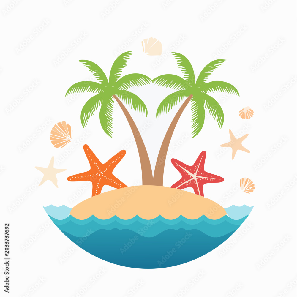 Fototapeta premium Tropical Island Paradise with Palm Trees, Starfish, and Shells