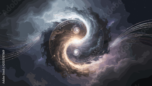 фотографія Cosmic Yin and Yang symbol swirling in a celestial cloudscape with ethereal energy trails, representing balance and duality in the universe