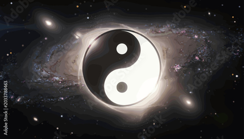 Konstfotografi A glowing Yin Yang symbol centered within a vast, star-filled spiral galaxy, representing cosmic balance and duality