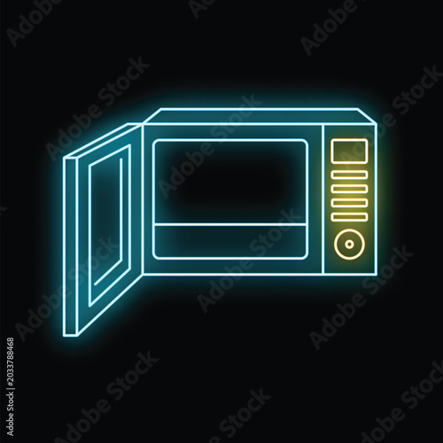 Konstfotografi Microwave oven with open door showing neon glowing lines and digital panel