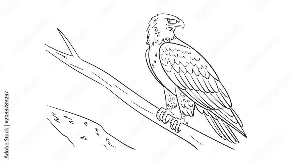 Obraz premium Line art drawing of an eagle perched on a branch with wildlife illustration predator majestic powerful