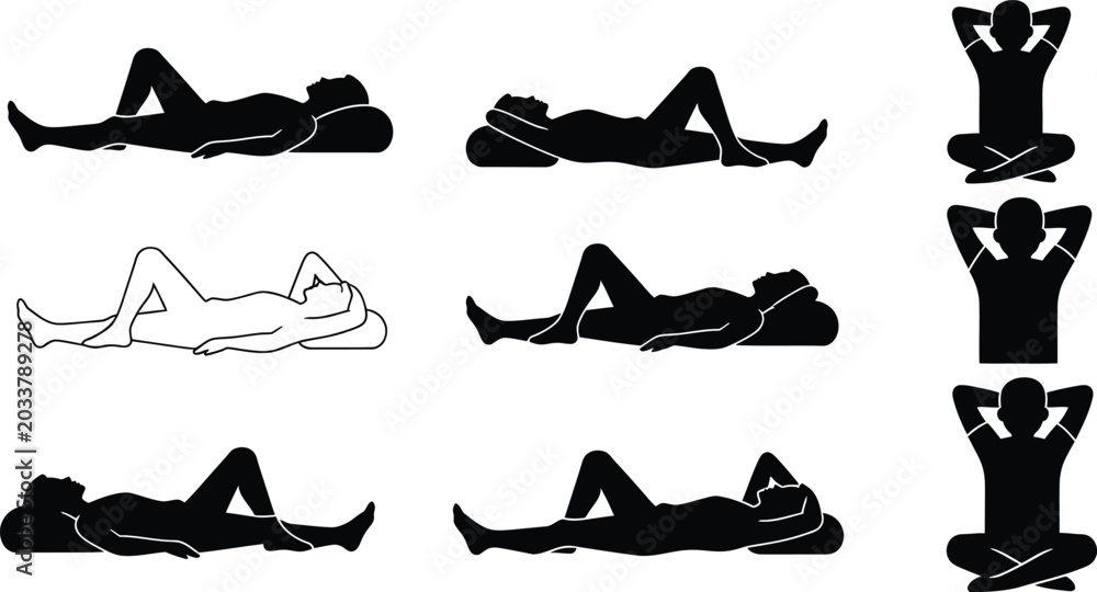 Obraz premium Man lying down and resting silhouettes set with male characters relaxing and sleeping on pillow