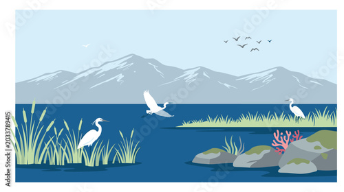 Landscape with mountains lake and white egret birds.