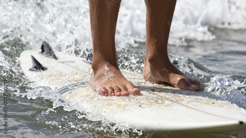 Bare Feet on Surfboard Riding Wave