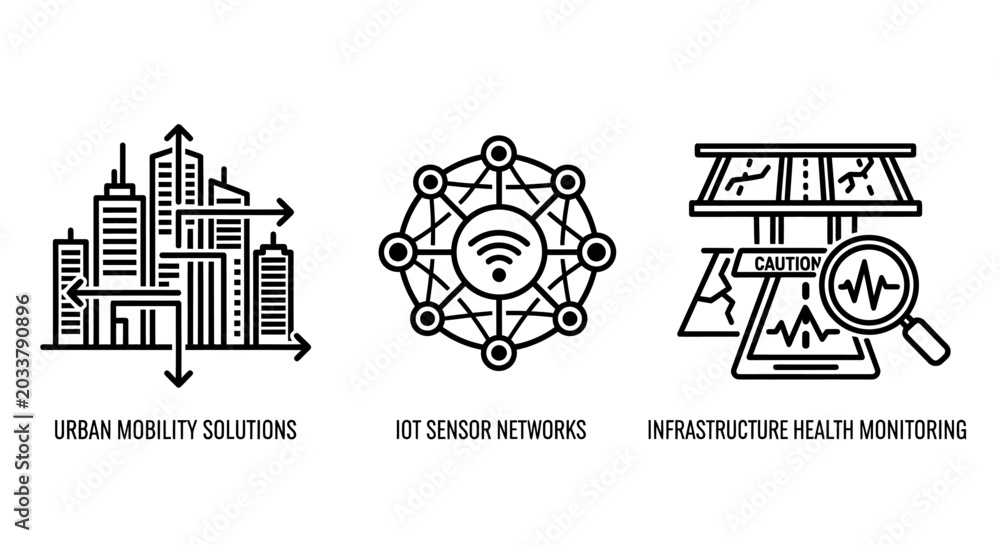 Obraz premium Icons representing urban development solutions sensor networks infrastructure monitoring with internet of things smart city line art urban planning skyscrapers buildings development solutions