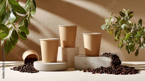 Minimalist Coffee Cup Display with Green Foliage and Coffee Beans