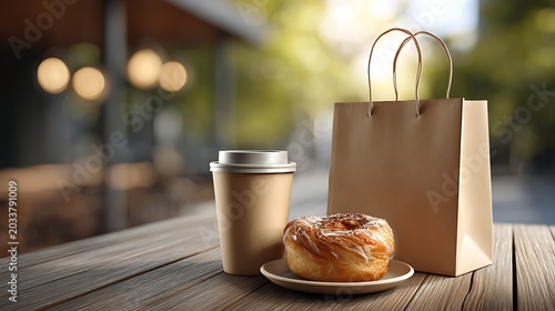 Warm Coffee Cup Pastry and Paper Bag on Wooden Table Outside Scene