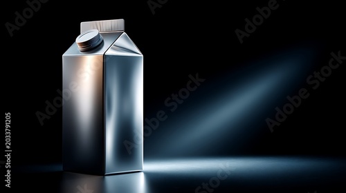 Aluminum container with screw cap on dark reflective surface with spotlight