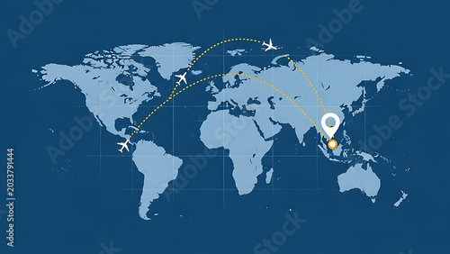 Airplane flight routes connecting continents on world map