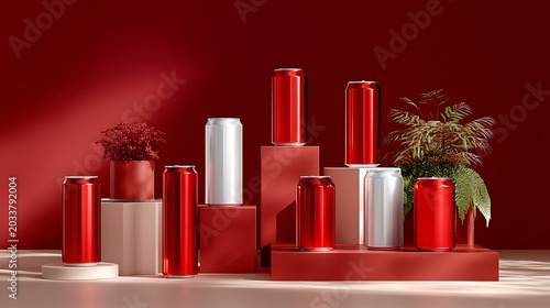 Elegant Display of Red and Silver Canisters with Green Foliage on Step Platform