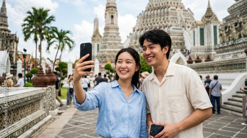 Joyful couple exploring beautiful temple architecture and capturing memories with selfies on a bright day