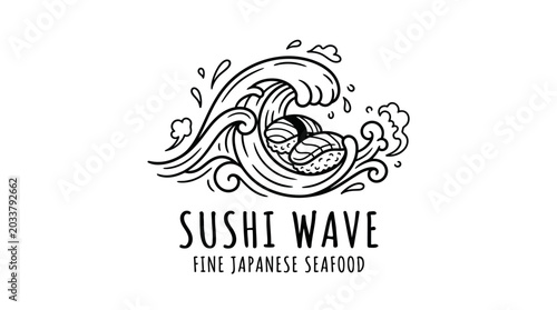 Sushi wave fine Japanese seafood logo.