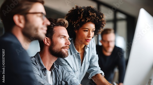 Diverse group of young professionals collaborating on a computer in modern office