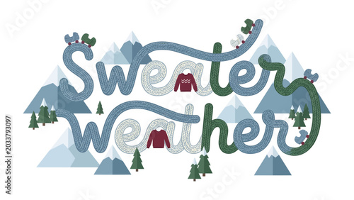 Photos Sweater Weather Typography Art: Festive hand-lettered design in calming blue and green hues, featuring mountains, pine trees, and tiny critters, evokes the cozy charm of autumn and winter comfort